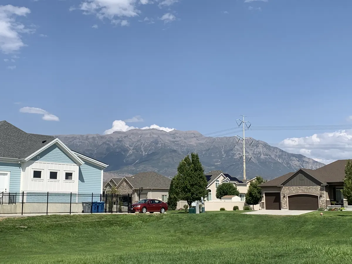 美国社区住宅、草地与雪山背景