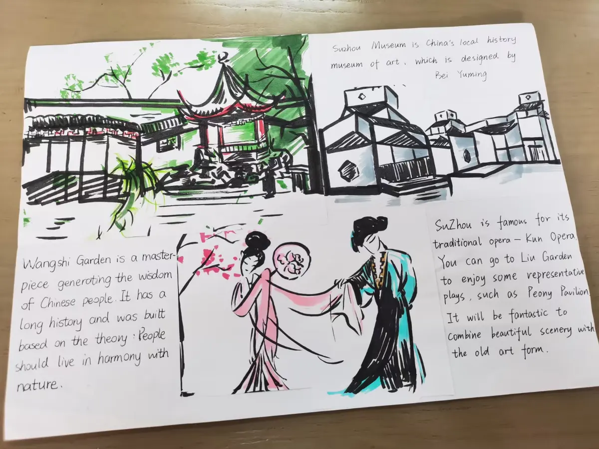 学生在双向课堂中完成的绘画与图文学习作品