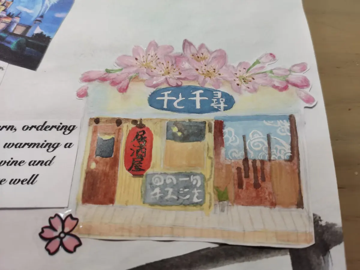 学生完成的中国传统店铺与文化主题绘画作品